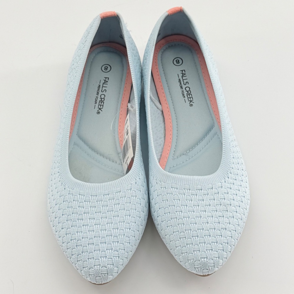 Falls Creek Womens 8 Phoebe Knit Ballet‎ Flats Light Blue Memory Foam Coquette